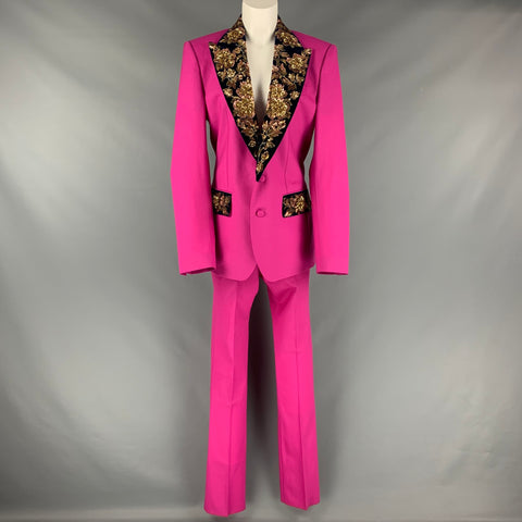 DOLCE & GABBANA Size 12 Pink Navy Gold Wool Beaded Peak Lapel Pants Suit