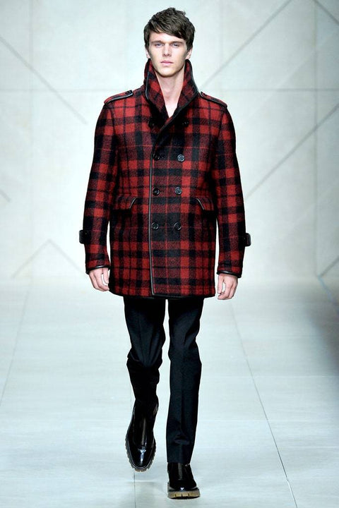 BURBERRY PRORSUM Fall 2011 Size 38 Red & Black Buffalo Plaid Polyester / Wool Peacoat