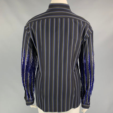 DRIES VAN NOTEN SS 19 Size L Navy & Grey Cotton Stripe Beaded Shirt