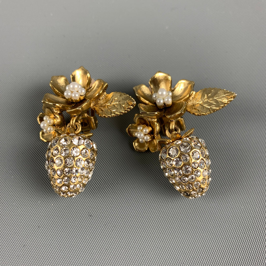 OSCAR DE LA RENTA Gold Floral Rhinestones Clip-On Earrings