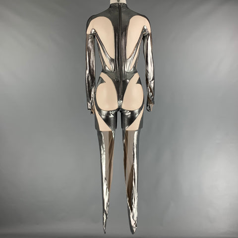 MUGLER Size 2 Silver Nude Mixed Fabrics Polyamide Mesh Jumpsuits