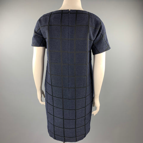 NOOY Size L Black & Navy Textured Windowpane Cotton Blend Shift Dress