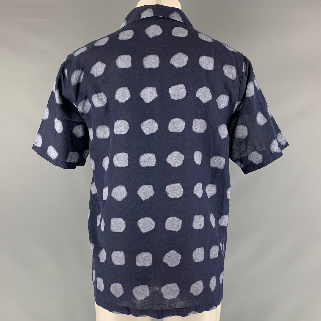 FOLK Size S Navy Dots Linen Cotton Camp Short Sleeve Shirt