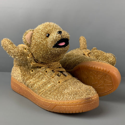 JEREMY SCOTT x ADIDAS Size 11 Tinsel Gold Metallic High Top Bear Sneakers