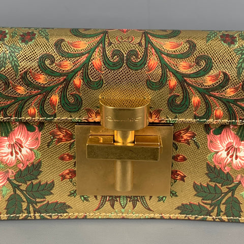 OSCAR DE LA RENTA Pre-Fall 19 Gold Alibi Floral Metallic Leather Clutch Handbag