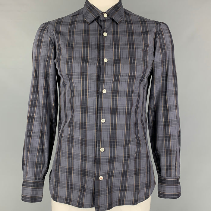 ISAIA Size L Grey &  Black Plaid Cotton Button Up  Long Sleeve Shirt