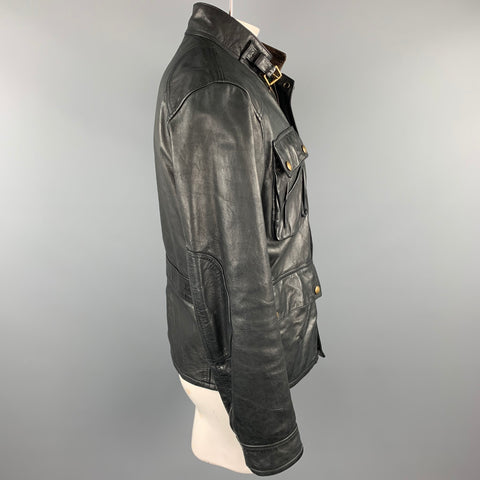 RALPH LAUREN Taille 42 Veste en cuir noir Zip &amp; Snaps Col en velours côtelé
