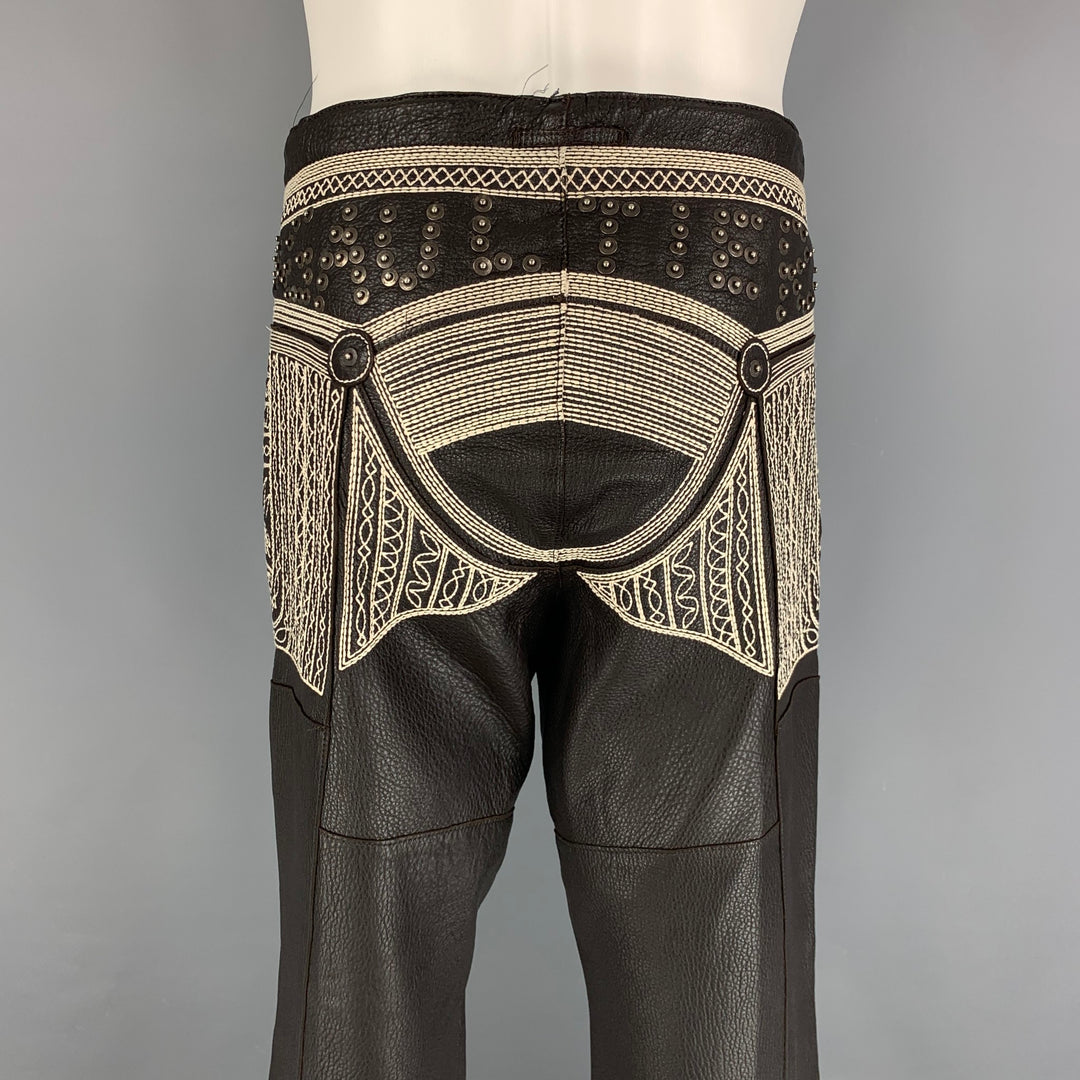 JEAN PAUL GAULTIER 2000 Size 34 Brown White Embroiderey Studed Leather Pants