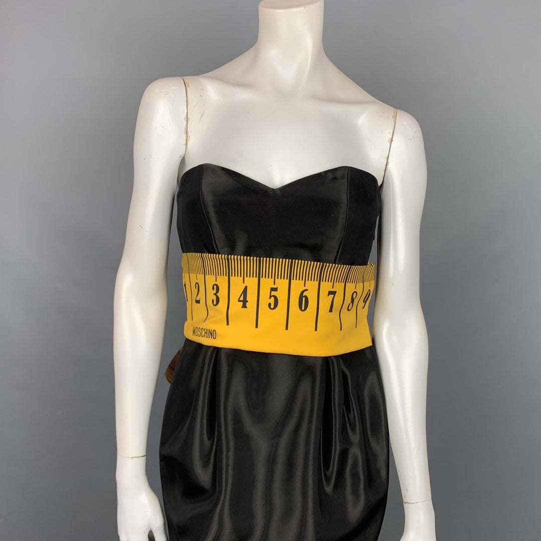 MOSCHINO COUTURE Pre-Fall 15 Size 6 Black & Yellow Rayon Blend Tape Measure Bow Cocktail Dress