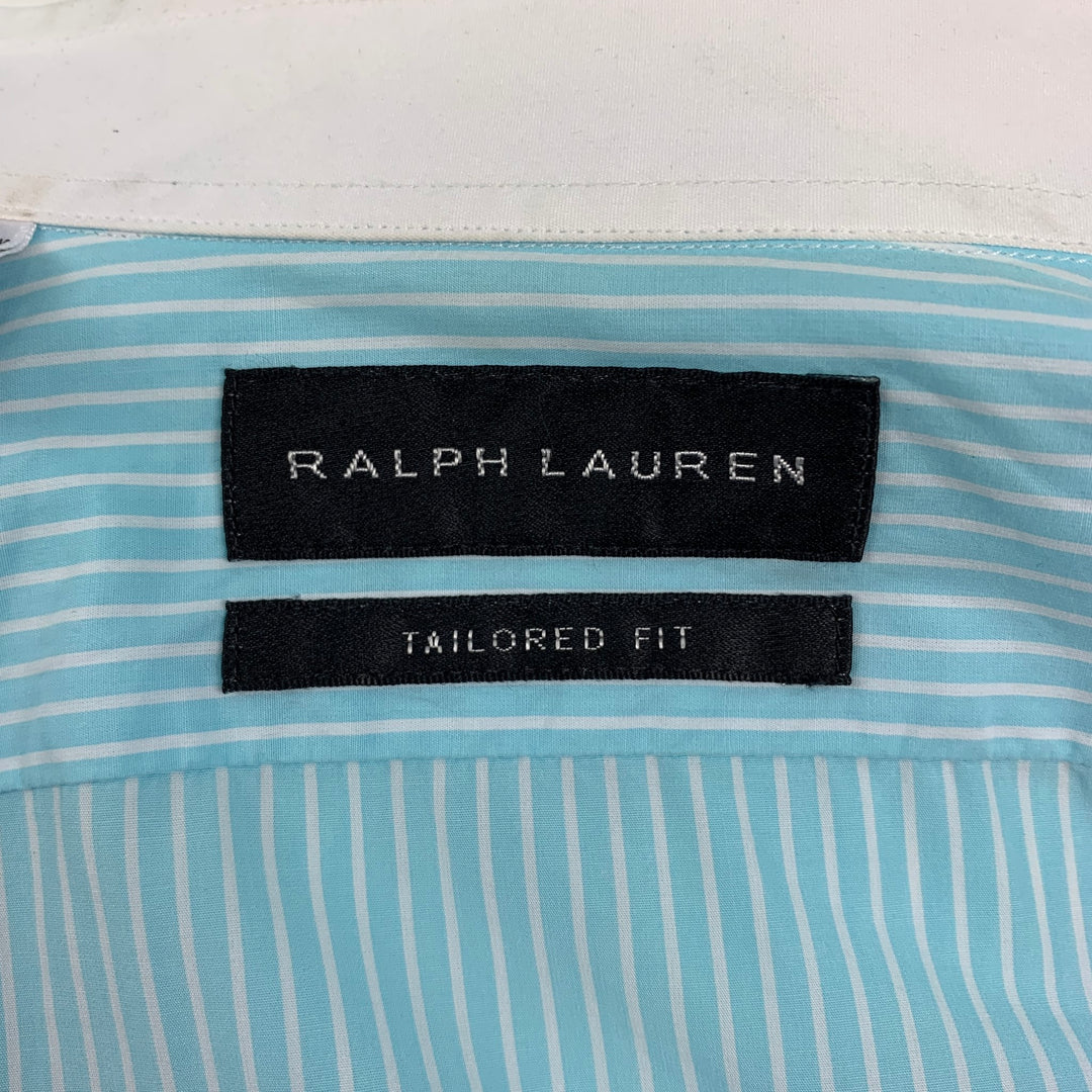 RALPH LAUREN Black Label Size S Aqua Stripe Cotton White Collar Long Sleeve Shirt