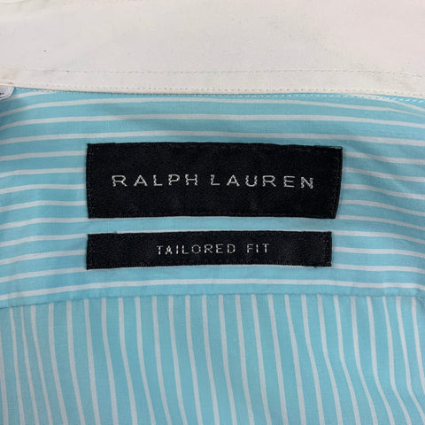 RALPH LAUREN Black Label Size S Aqua Stripe Cotton White Collar Long Sleeve Shirt