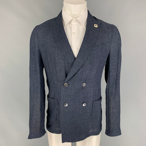 LARDINI Size 38 Indigo Linen Double Breasted Sport Coat