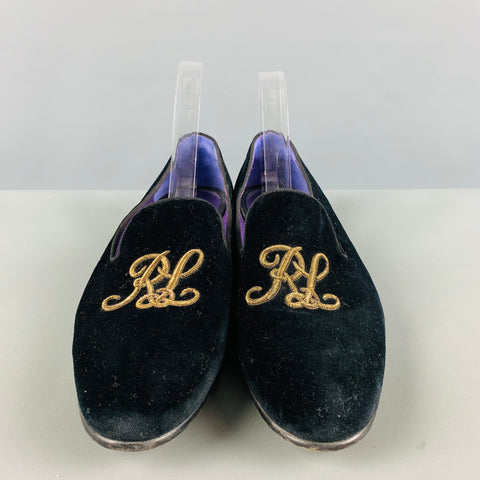RALPH LAUREN Talla 11 Mocasines bordados de terciopelo negro dorado