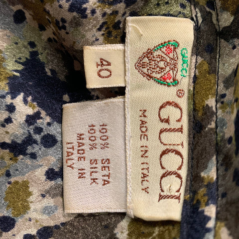 GUCCI Talla 4 Blusa con lazo con estampado de seda verde oliva y marrón