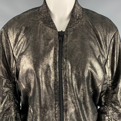 MUUBAA Size 6 Silver Leather Metallic Lambskin Bomber Jacket