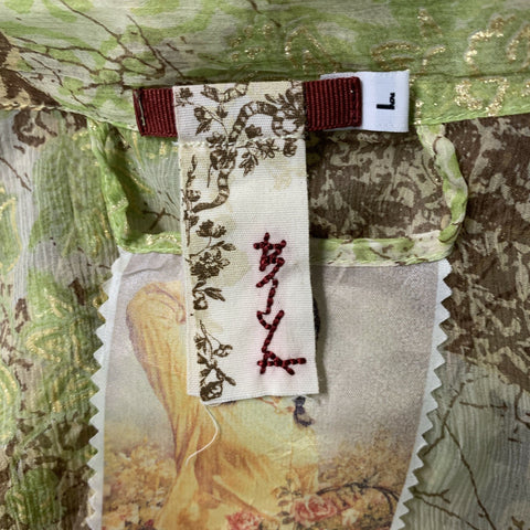 BIYA Size L Gold, Brown & Green Silk Abstract floral Raw edge Blouse