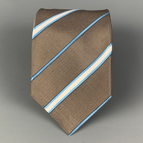 KITON Taupe White Light Blue Diagonal Stripe Silk Tie