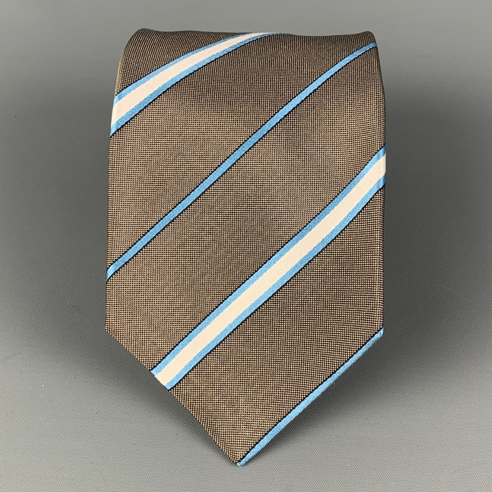 KITON Taupe White Light Blue Diagonal Stripe Silk Tie