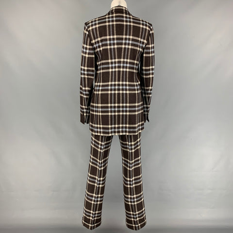 KITON Size 6 Brown & Blue Cashmere Plaid Double Breasted Pants Suit
