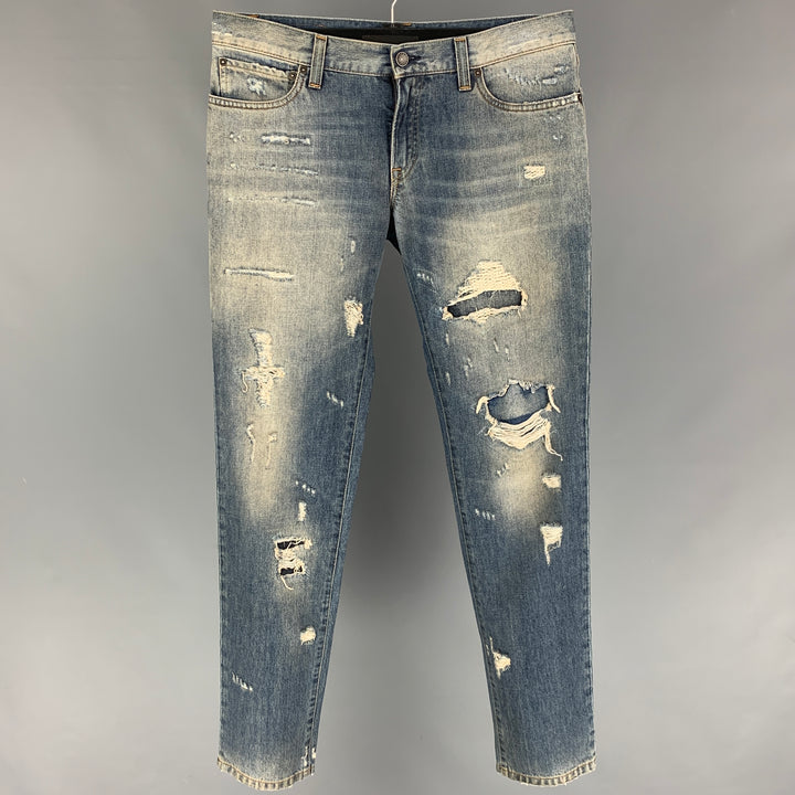 DOLCE & GABBANA Size 32 Light Blue Distressed Cotton Zip Fly Jeans