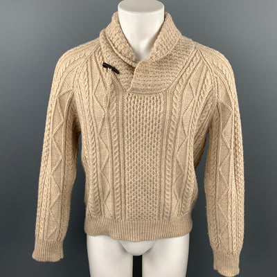 RALPH LAUREN Size M Khaki Cable Knit Wool / Linen Shawl Collar Sweater