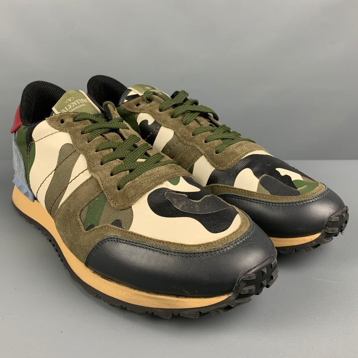 VALENTINO Size 12 Multi-Color Olive Camo Leather Low Top Sneakers