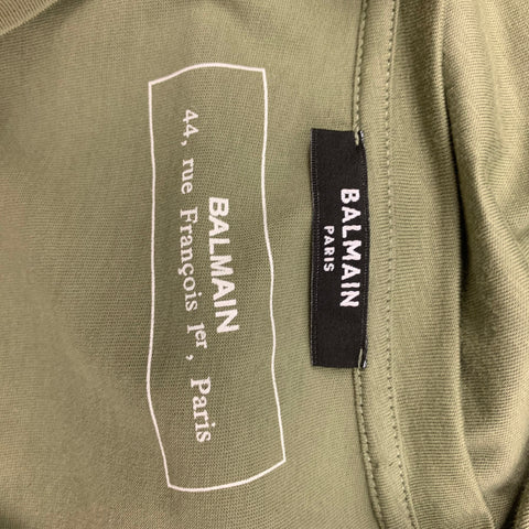 BALMAIN Size XL Olive Logo Cotton Crew-Neck T-shirt