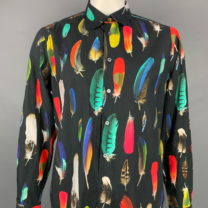 PAUL SMITH Camisa de manga larga con botones de algodón con estampado de plumas multicolor talla XL