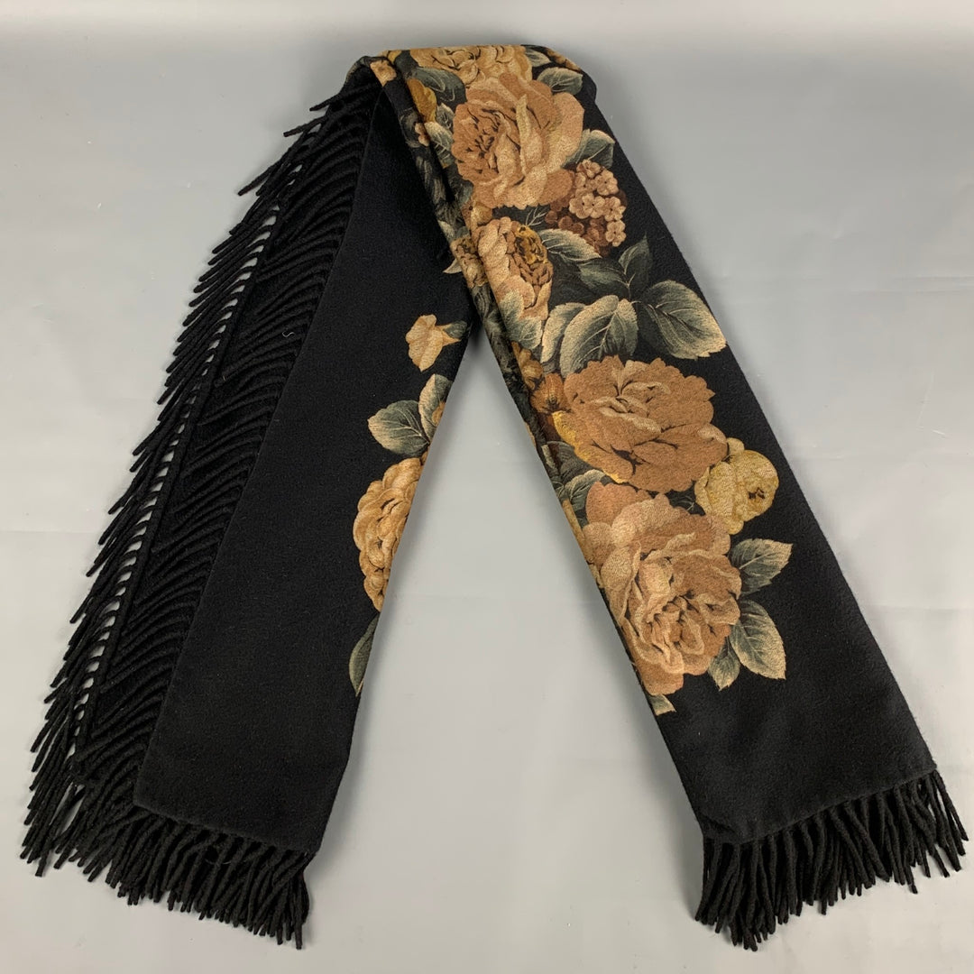LORO PIANA for NEIMAN MARCUS Black & Beige Floral Cashmere Fringe Scarf