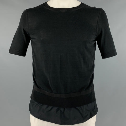 MONCLER Size XL Black Mixed Fabrics Viscose Cotton Short Sleeve Pullover
