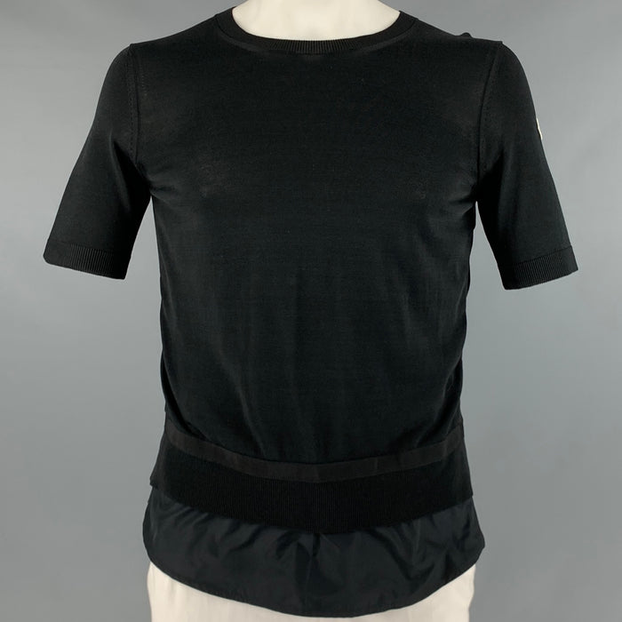 MONCLER Size XL Black Mixed Fabrics Viscose Cotton Short Sleeve Pullover