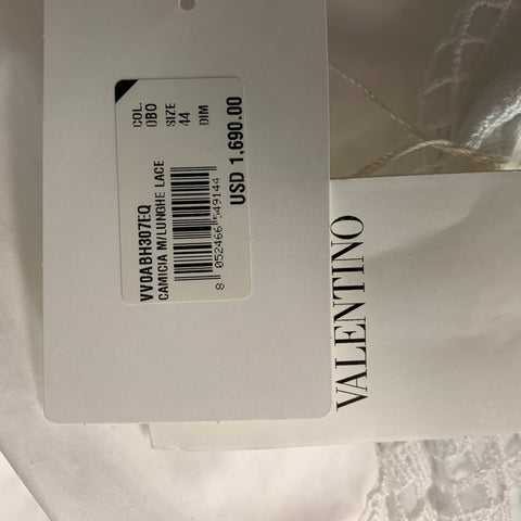 VALENTINO Size 34 White Guipure Cotton Collarless Long Sleeve Shirt