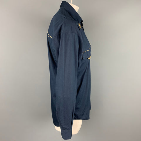 Vintage VERSACE JEANS COUTURE Size M Navy Studded Cotton Cowboy Oversized Long Sleeve Shirt