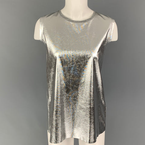 EMPORIO ARMANI Size 10 Silver Lyocell Blend Metallic Crew-Neck Casual Top
