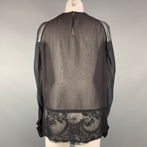 HAIDER ACKERMANN Size 4 Black & Brown Lace Panel Silk Blouse