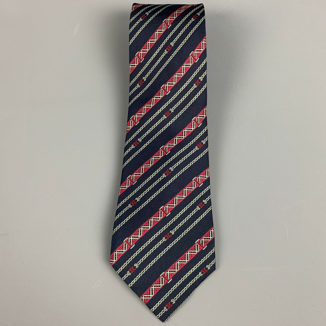 CELINE Navy Red Diagonal Stripe Silk Tie