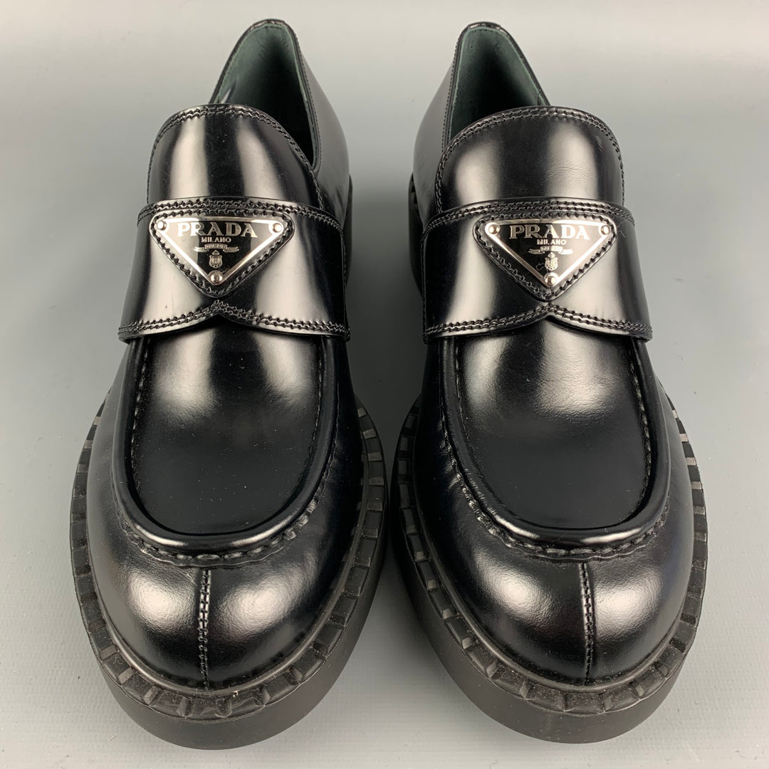 PRADA Size 7.5 Black Leather Triangle Logo Loafers