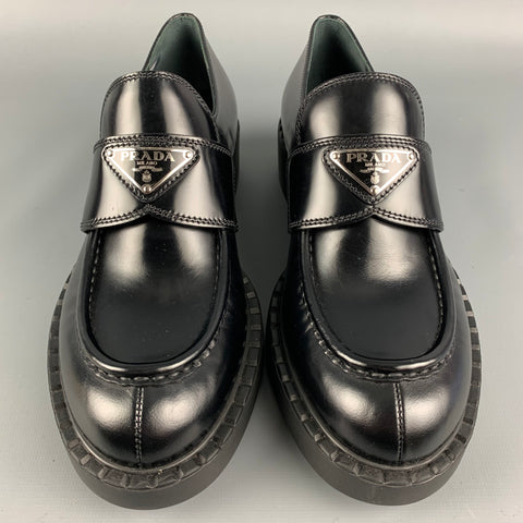 PRADA Size 7.5 Black Leather Triangle Logo Loafers