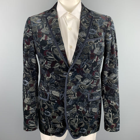 SALVATORE FERRAGAMO Size 42 Black & Grey Feather Print Velvet Sport Coat