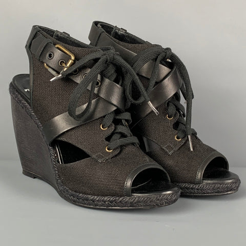 PIERRE HARDY Size 10 Black Canvas Leather Espadrille Wedge Sandals