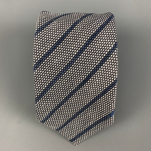 ERMENEGILDO ZEGNA Grey Navy Stripe Silk Tie