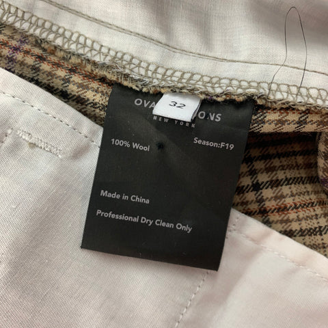 OVADIA & SONS Size 32 Khaki Brown Plaid Wool Elastic Waistband Dress Pants