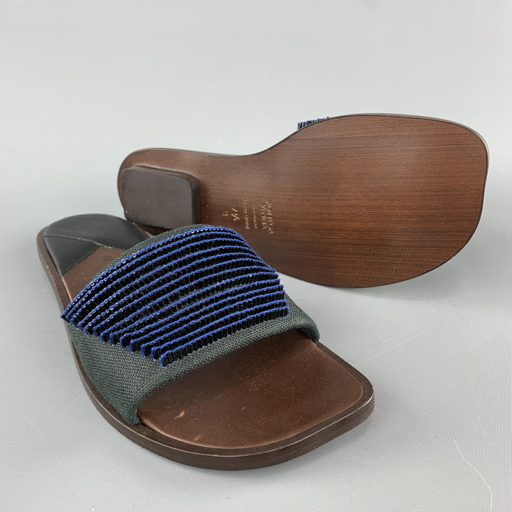 BOTTEGA VENETA Size 7.5 Navy Blue Black Beaded Canvas Strap Brown Leather Sandals