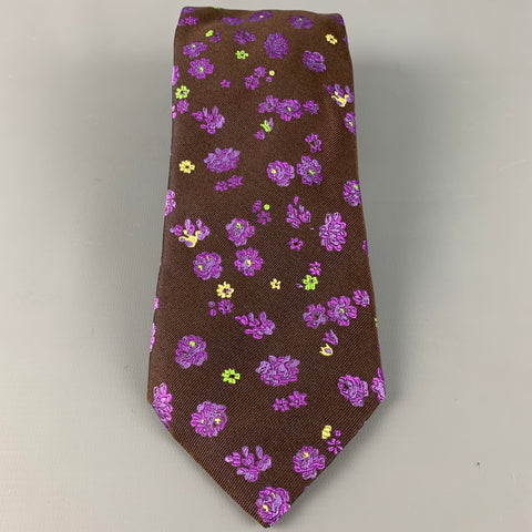 PAUL SMITH Brown Purple Floral Silk Tie