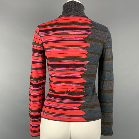 M MISSONI Size 6 Grey & Red Merino Color Block Wool / Acrylic Turtleneck Pullover