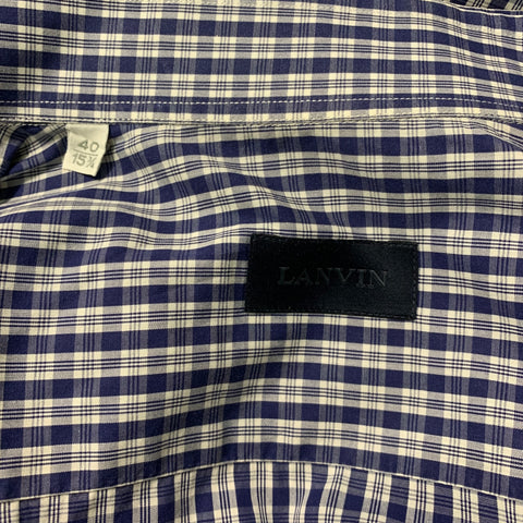 LANVIN Size M  Blue & White Cotton Checkered  Button Down  Long Sleeve Shirt