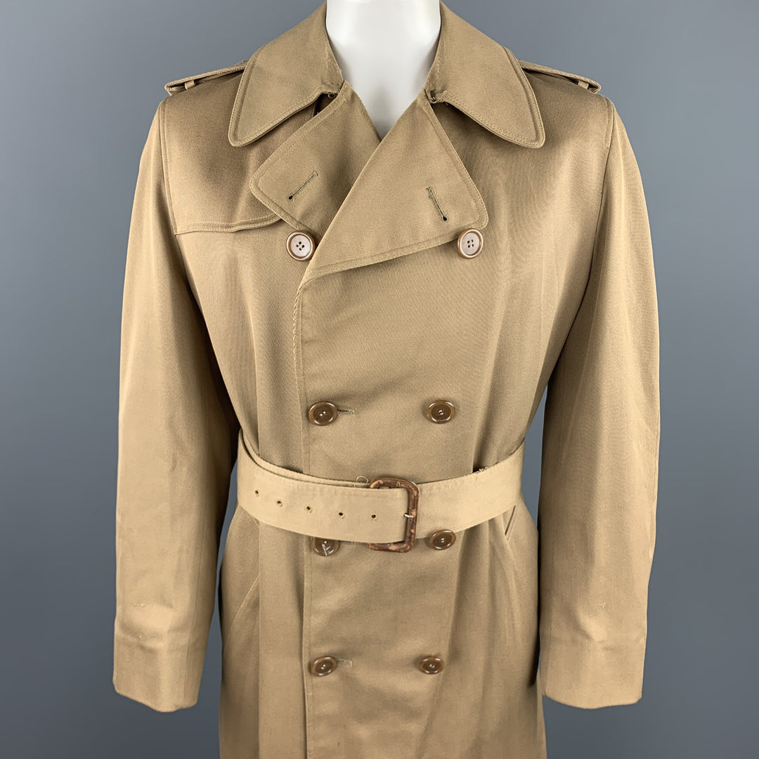 AQUASCUTUM Size XL Khaki Cotton / Polyester Belted Double Breasted Trenchcoat