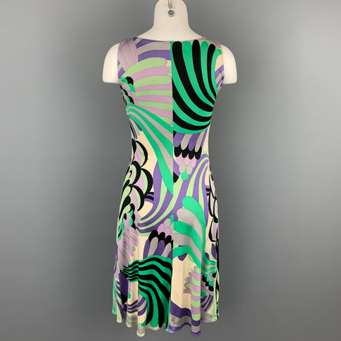 ELIE TAHARI Size S Green & Purple Abstract Jersey Silk V-Neck Dress
