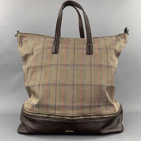 PAUL SMITH Taupe Glendplaid Polyester Leather Trim Handbag