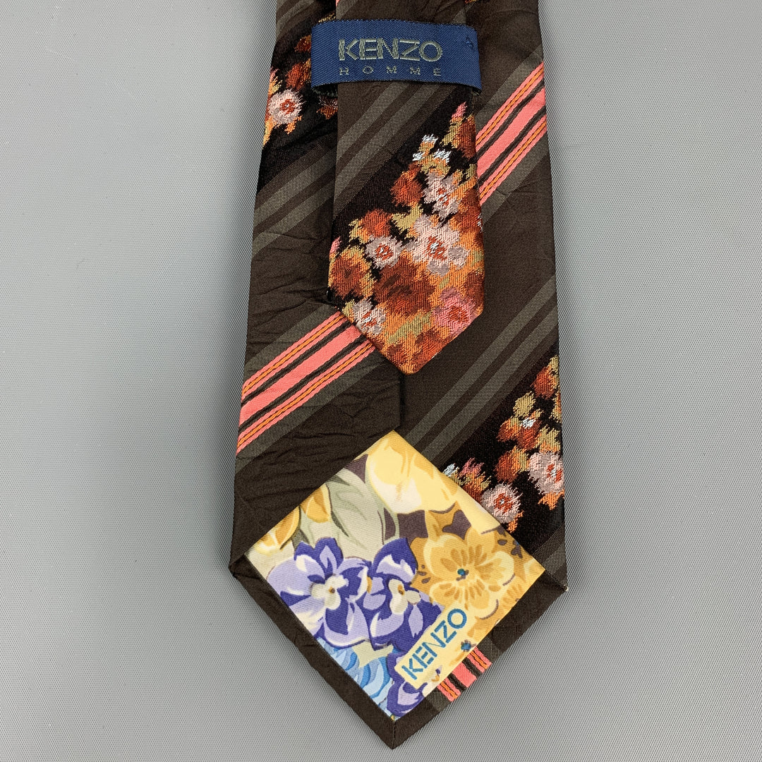 KENZO Brown & Pink Floral Striped Textured Silk Tie